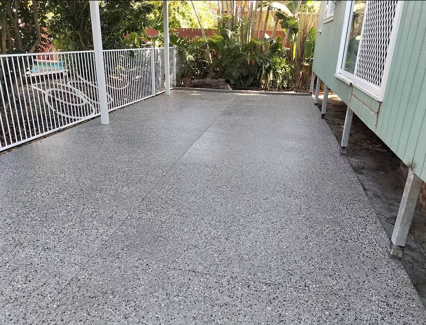 Exposed aggregate patio under a Queenslander